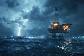 An oil platform in the middle of the ocean Storm - obrazy, fototapety, plakaty