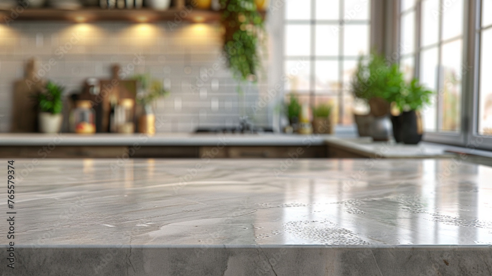 Poster a kitchen counter with a view of the outside. the counter is made of granite and has a shiny, clean 