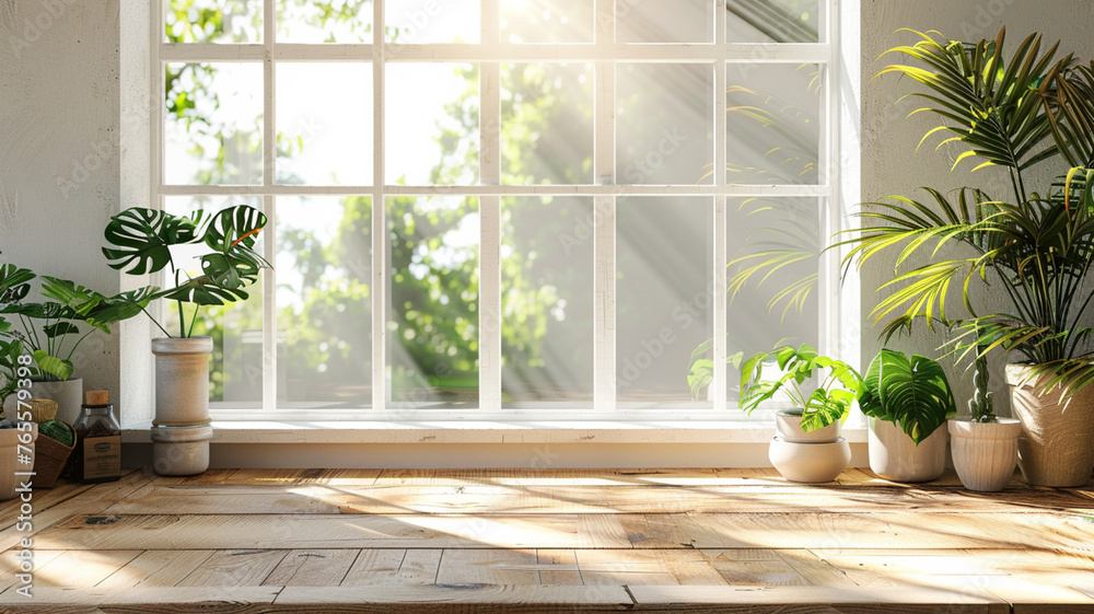Poster a window with a view of trees and a wooden floor. there are potted plants on the floor and windowsil