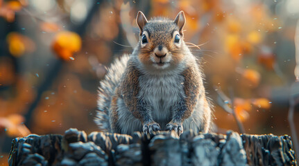 Curious squirrel perches on a textured stump, peering forward with a backdrop of autumnal hues and...
