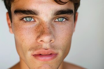 Fototapeta premium Beautiful model man posing close up eyes on white studio background