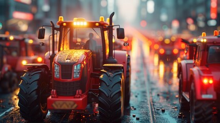 Urban Tractor Protest, line of tractors stands bold and red in a city street at twilight, capturing...