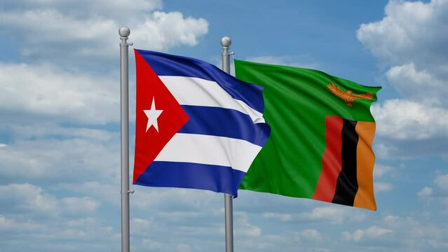 Zambia and Cuba two flags waving together, looped video, two country cooperation concept
