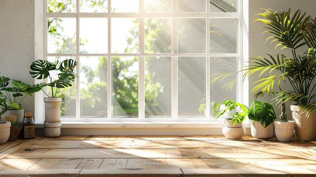 A window with a view of trees and a wooden floor. There are potted plants on the floor and windowsill