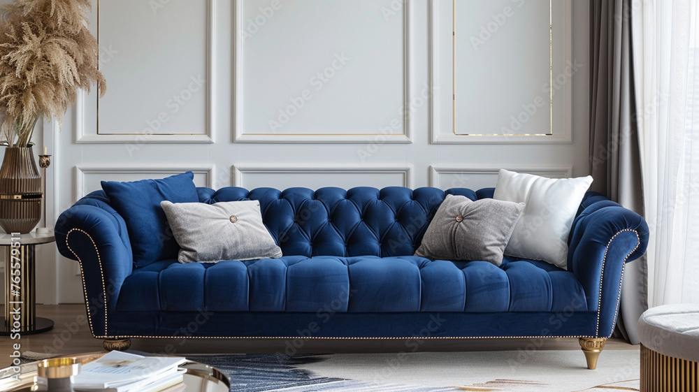 Poster A blue couch with pillows and a vase on a table. The couch is the main focus of the image and it gives off a luxurious and comfortable vibe