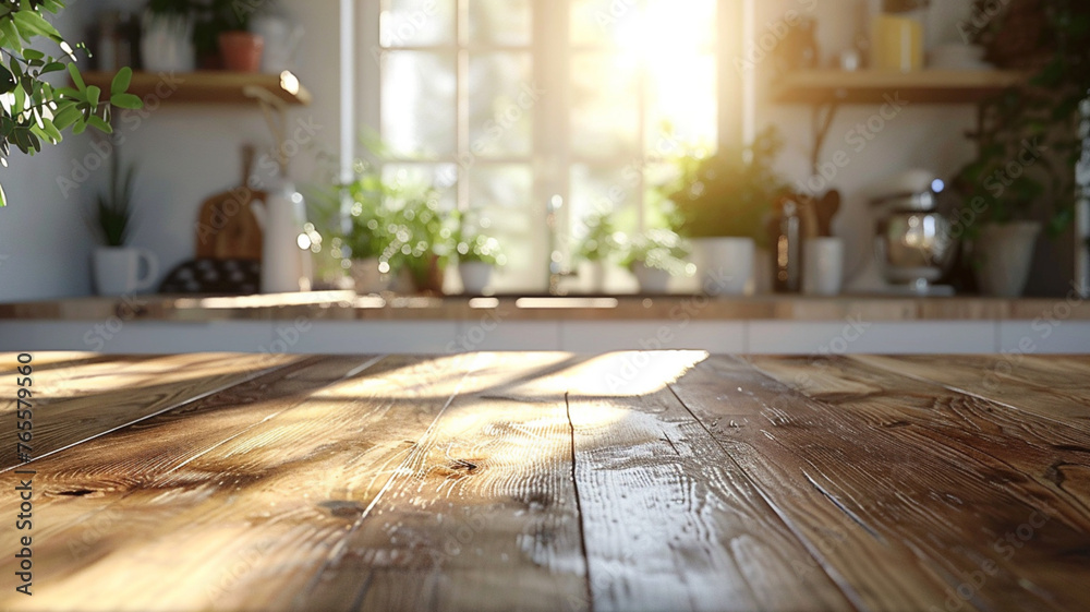 Aufkleber a kitchen with a wooden table and a window. the table is empty and the window is letting in sunlight