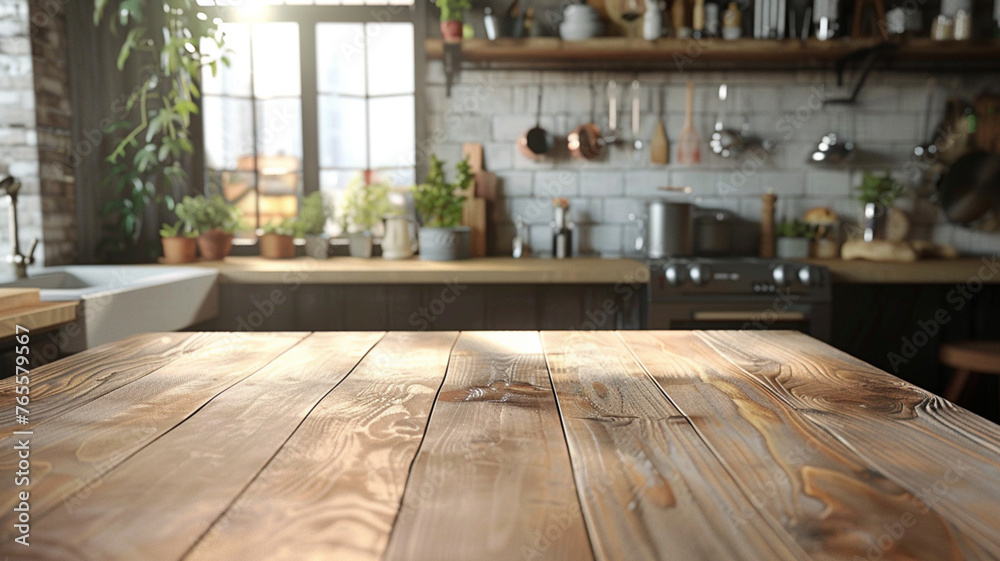 Poster a kitchen with a wooden table and a window. the table is empty and the kitchen is well-stocked with 