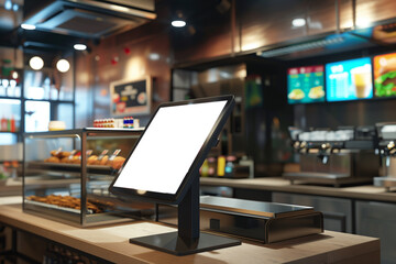 Blank display of self-service screen with touch screen in fast food restaurant - obrazy, fototapety, plakaty