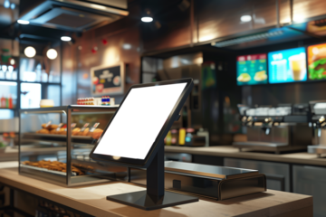 Blank display of self-service screen with touch screen in fast food restaurant