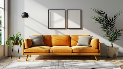 Fototapeta premium A living room with a large orange couch and a potted plant. The couch is the main focus of the room, and the plant adds a touch of greenery to the space. The room has a warm and inviting atmosphere
