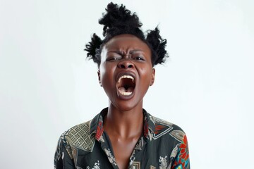 black woman is yelling on solid white background