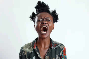 Fotobehang black woman is yelling on solid white background © Igor