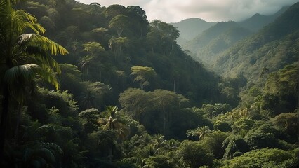 tropical forest in the jungle, tropical jungle with tropical green trees, green tropical landscape - obrazy, fototapety, plakaty