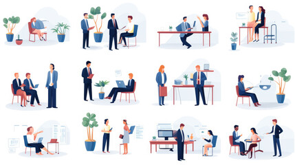 Fototapeta na wymiar Hiring flat illustration mega set. Concept of recruitment, jobseeker, interview, business analysis, marketing, team metaphor and jobhunter templates.