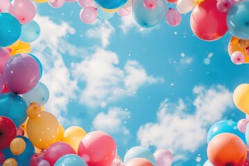 Bright colorful carnival or party frame of balloons fly blue cloudy white sky