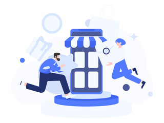 Holiday shopping people doing e-commerce online shopping flat vector concept operation hand drawn illustration

