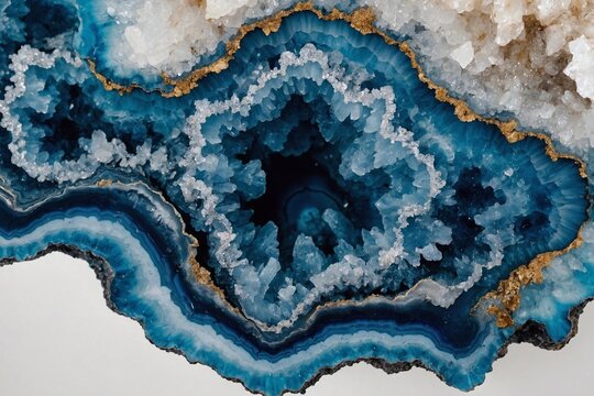 blue geode stone with crystals on white backdrop