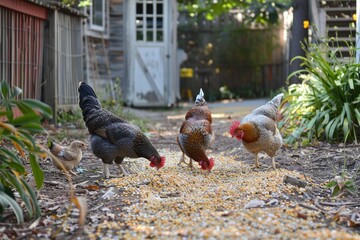 chickens pecking at grains near a coop