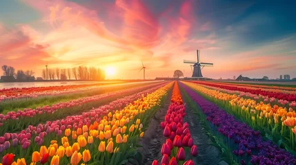 Tuinposter Landscape of colorful tulip field and traditional dutch windmill in Netherland © ZayNyi