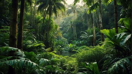 Fototapeta premium tropical forest in the jungle, tropical jungle with tropical green trees, green tropical landscape