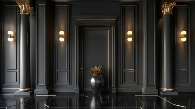 Luxurious art deco hallway with black vase and golden wheat concept of opulence and design