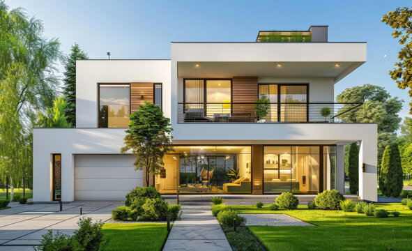 Bello chalet blanco de dos plantas de estilo moderno con grandes ventanales, garaje y bonito jard&iacute;n exterior rodeado de grandes &aacute;rboles, sobre fondo de cielo azul al atardecer