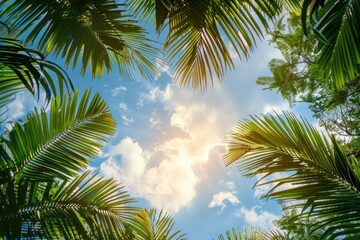 Copy space of tropical palm tree with sun light on sky background