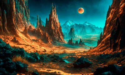Beautiful cosmic landscape of the surface of an unknown planet.