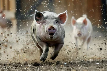 Fotobehang crazy pig with bulging eyes run at grains near a coop © Igor