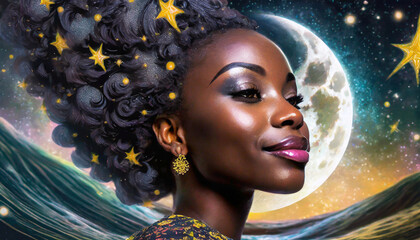 Fantasy style portrait of a beautiful African American female with an ethereal star and moon theme. - obrazy, fototapety, plakaty
