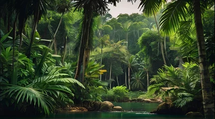 Keuken spatwand met foto tropical forest in the jungle, tropical jungle with tropical green trees, green tropical landscape © Gegham