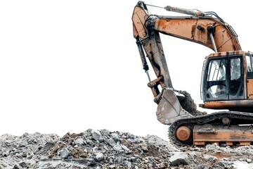 Excavator machine on construction site work Isolated on white background