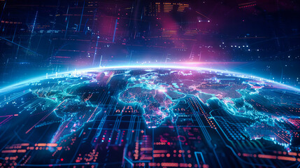 Digital networking and futuristic technology concept, showcasing global data communication and internet connectivity in an abstract background - obrazy, fototapety, plakaty