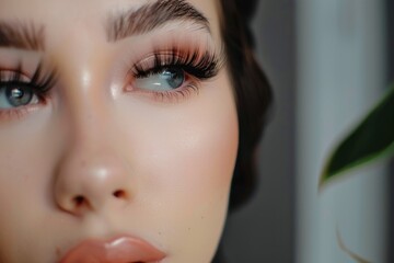 Eyelash extensions. Beautiful woman with extreme long false eyelashes - obrazy, fototapety, plakaty