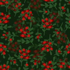 Seamless pattern of mistletoe with red berries and green leaves on dark green background. Digital illustration for wallpapers, wrapping paper, fabric, textile, products packaging etc.