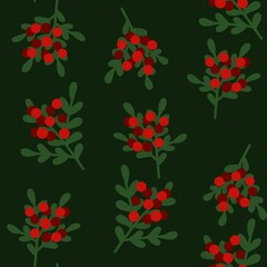 Seamless pattern of mistletoe with red berries and green leaves on dark green background. Digital illustration for wallpapers, wrapping paper, fabric, textile, products packaging etc.