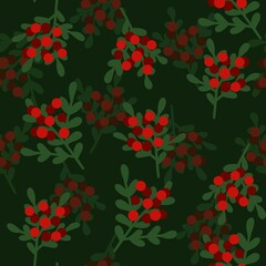 Seamless pattern of mistletoe with red berries and green leaves on dark green background. Digital illustration for wallpapers, wrapping paper, fabric, textile, products packaging etc.