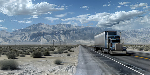 Black classic big rig semi truck transporting commercial cargo
 - obrazy, fototapety, plakaty