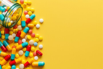 Multicolor tablets and pills capsules from glass bottle on yellow background Health care Close-up Horizontal banner Copy space