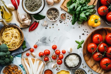 Colorful flat lay of fresh Italian cooking ingredients - Overhead view of a variety of fresh ingredients like tomatoes, garlic, and pasta, perfect for Italian dishes