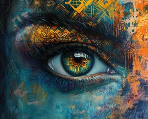 Colorful Eye Artwork with Abstract Patterns - This visually striking image features a detailed eye surrounded by complex abstract patterns and vivid colors, representing human perception and creativit