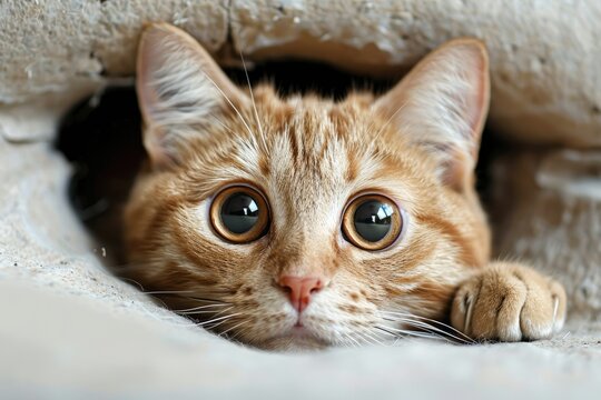 Ginger cat peeking through a hole in white wall - A captivating image of a ginger cat looking through a circular hole, with its big eyes making direct contact