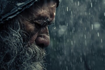 Old homeless bearded man in the rain, sad and emotional look, close-up portrait of poor elderly person - obrazy, fototapety, plakaty