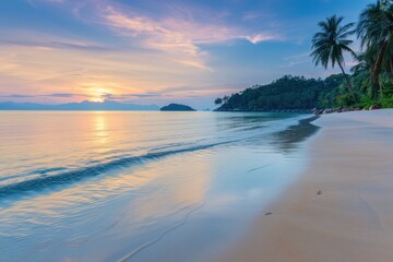 Paradise beach with palm trees and calm ocean at dawn. Panoramic banner of a peaceful landscape