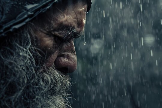 Old homeless bearded man in the rain, sad and emotional look, close-up portrait of poor elderly person