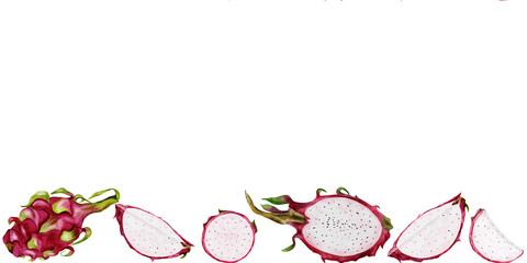 Pitaya exotic fruit watercolor frame on isolated white background. Vibrant illustration of dragon fruit. Food drawing hand drawn Thai food element. To design a menu of tropical dishes and cocktails.