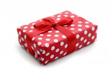 present gift box wrapped in red paper with big dots white background