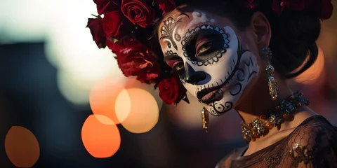 Fotobehang Halloween make up. Fantasy Day of the Dead POC Witch in Sugar Skull Face Paint. Day of the dead. Traditional mexican catrina. Day of the death. Dia de muertos background. © Aleksandr
