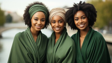 Three Women in Green Robes Standing Together - obrazy, fototapety, plakaty