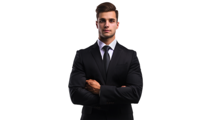 An elegant man donning a tailored formal suit, his confident demeanor and sophisticated attire shining in high definition against a white transparent backdrop